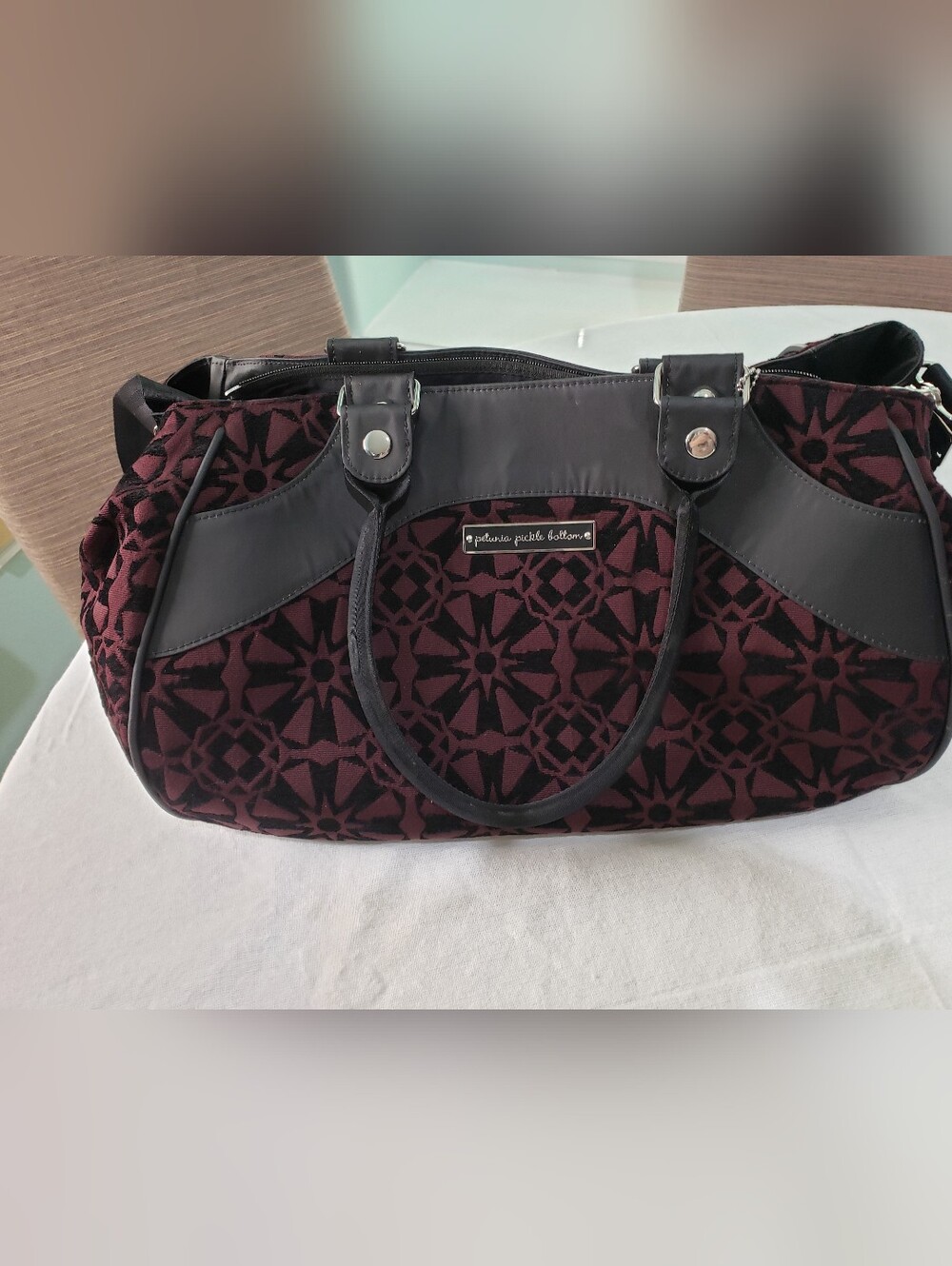 Petunia Pickle Bottom Burgundy and Black Geometric Satchel/diaperbag